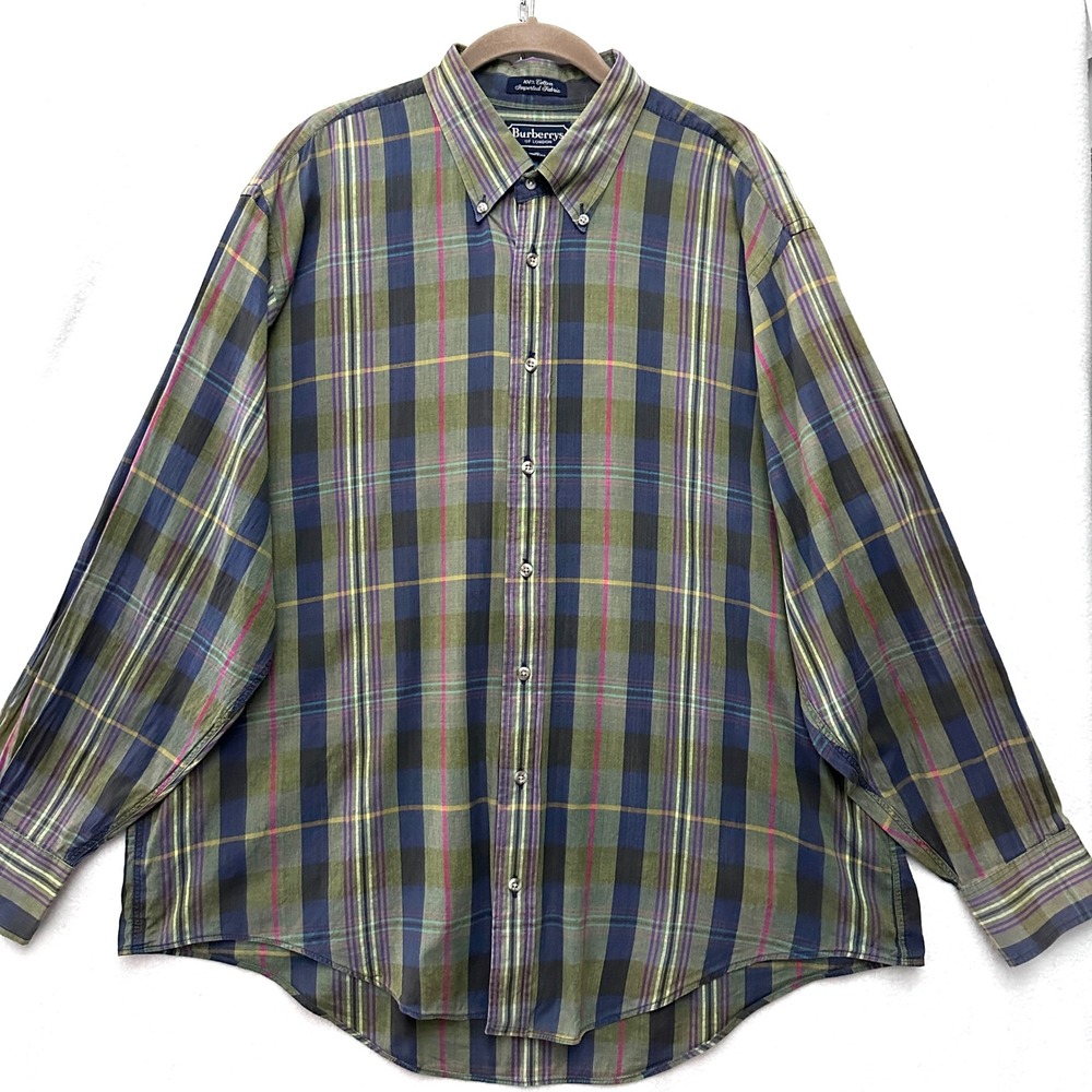Burberrys of London Vintage Mens XL Plaid Button Down Shirt Green Blue Cotton